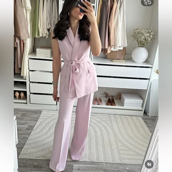 ZARA 2 PIECES MATCHING SET TIED BELTED VEST AND SIDE ZIP FLOWY PANTS - Picture 3 of 16